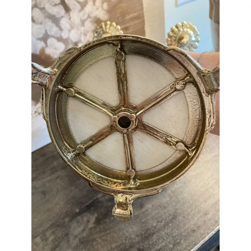 Vintage Ornate 5 Light Candelabra White Marble Base Crystal Prism Champagne Gold